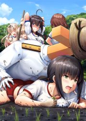 Rule 34 | 1boy, 5girls, admiral (kancolle), ahoge, alternate costume, ass, bad id, bad twitter id, black hair, black ribbon, blonde hair, blue eyes, blue sky, blush, boy on top, braid, breast hold, breasts, brown eyes, brown hair, buruma, closed mouth, cloud, collarbone, commentary request, day, dirty, dirty clothes, dirty face, epaulettes, fubuki (kancolle), gloves, grabbing another&#039;s ass, gradient hair, green eyes, gym shorts, gym uniform, hair between eyes, hair flaps, hair ornament, hair over shoulder, hair ribbon, hairclip, hand on another&#039;s ass, hat, highres, holding, ichikawa feesu, kantai collection, light brown hair, long hair, looking at viewer, lying, medium breasts, military, military hat, military uniform, mud, multicolored hair, multiple girls, murasame (kancolle), name tag, naval uniform, on stomach, open mouth, outdoors, plant, ponytail, power lines, ribbon, rice paddy, school uniform, shaded face, shigure (kancolle), shiratsuyu (kancolle), shirt, short hair, short sleeves, shorts, single braid, sky, smile, standing, t-head admiral, tearing up, tears, tree, twintails, two side up, uniform, water, wet, white gloves, yuudachi (kancolle)