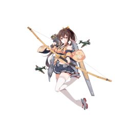 Rule 34 | 1girl, a6m zero, arrow (projectile), black gloves, blue skirt, bow (weapon), breasts, brown hair, closed mouth, detached sleeves, drawing bow, ello, flight deck, floral print, frown, full body, gloves, hiryuu (warship girls r), holding, holding bow (weapon), holding weapon, long hair, long sleeves, looking at viewer, machinery, nontraditional miko, pleated skirt, ponytail, quiver, ribbon, sidelocks, single glove, skirt, solo, thighhighs, transparent background, turret, warship girls r, weapon, white thighhighs, wide sleeves, yellow ribbon