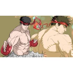 Rule 34 | 1boy, abs, clenched hand, dougi, flexing pectorals, frown, headband, large pectorals, liyamou, looking at viewer, male focus, martial arts, mature male, multiple views, muscular, muscular male, nipples, obliques, pectorals, profile, red headband, ryu (street fighter), short hair, shredded muscles, street fighter, strongman waist, thick eyebrows, topless male, tsurime, upper body