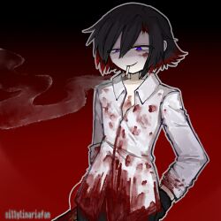 1boy asymmetrical_bangs black_background black_gloves black_hair blood blood_on_clothes cigarette colored_inner_hair commentary_request constricted_pupils curtained_hair dress_shirt empty_eyes fumus_(funamusea) funamusea gloves gradient_background highres holding holding_weapon ilovelobco777 multicolored_hair partially_unbuttoned purple_eyes red_background red_hair shirt short_hair smoke smoking solo spanish_commentary twitter_username weapon