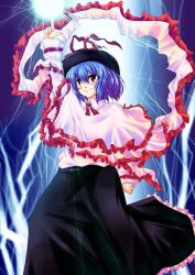 Rule 34 | 1girl, amano chiharu, arm up, bad id, bad pixiv id, black hat, black skirt, blue background, blue hair, capelet, closed mouth, electricity, frilled shawl, frilled skirt, frills, hat, index finger raised, lightning, long sleeves, looking at viewer, nagae iku, red eyes, shawl, shirt, short hair, skirt, solo, touhou, white capelet, white shirt