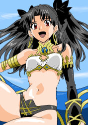 Rule 34 | 1girl, absurdres, armlet, ass, bare shoulders, barefoot, black hair, black thighhighs, blue sky, breasts, detached sleeves, earrings, eywy4324, fate/grand order, fate (series), gold trim, hair ribbon, highres, hoop earrings, ishtar (fate), jewelry, long hair, looking at viewer, medium breasts, navel, neck ring, open mouth, red eyes, revealing clothes, ribbon, shiny skin, single detached sleeve, single thighhigh, sky, smile, solo, thighhighs, thighlet, thong, twintails, two side up, wide hips