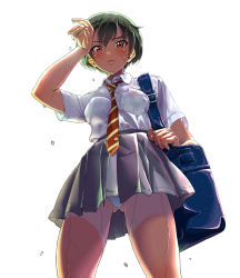 Rule 34 | 1girl, ass, bag, blush, bob cut, closed eyes, commentary, dripping, from below, furrowed brow, gluteal fold, green hair, grey skirt, hair between eyes, hand to head, highres, holding strap, kilesha, legs apart, looking at viewer, looking down, necktie, original, panties, pantyshot, red eyes, red necktie, school bag, shirt, short hair, short sleeves, shorts tan, simple background, skirt, solo, strap, striped necktie, striped neckwear, sweat, tan, tanline, underwear, very sweaty, wet, wet clothes, white background, white panties, white shirt