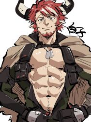 Rule 34 | 1boy, abs, animal ears, arknights, bara, bare pectorals, beard, bodysuit, come hither, cow boy, cow ears, cow horns, dog tags, facial hair, full beard, green bodysuit, highres, horns, humus (arknights), large pectorals, looking at viewer, male focus, mature male, muscular, muscular male, navel, nipples, pectorals, shirako (kirupi), short hair, solo, sparse navel hair, stomach, straight-on, unzipping