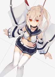 Rule 34 | 1girl, ayanami (azur lane), azur lane, bad id, bad pixiv id, bare shoulders, black choker, blue sailor collar, blue skirt, choker, collarbone, commentary request, crop top, from above, hair between eyes, hair ornament, hairclip, headgear, high ponytail, highres, light brown hair, long sleeves, looking at viewer, midriff, nagishiro mito, navel, orange eyes, pleated skirt, ponytail, retrofit (azur lane), sailor collar, shirt, sidelocks, sitting, skirt, sleeves past wrists, solo, thighhighs, white shirt, white thighhighs, wide sleeves