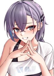 Rule 34 | 1girl, absurdres, bra strap, commentary request, grey eyes, grin, hair between eyes, hair ornament, hairclip, highres, honkai: star rail, honkai (series), long hair, looking at viewer, own hands together, purple hair, pyeong-il pyeongil, shirt, short sleeves, silver wolf (honkai: star rail), simple background, single-shoulder shirt, single bare shoulder, single sleeve, smile, solo, steepled fingers, upper body, white background, white shirt