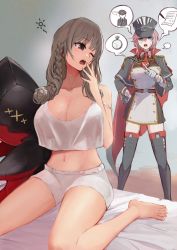 Rule 34 | 2girls, aiguillette, alternate costume, azur lane, bare shoulders, barefoot, black cape, black dress, black footwear, black headwear, blue eyes, blunt bangs, blush, boots, breasts, buttons, camisole, cape, cleavage, collarbone, collared dress, commentary, crop top, crop top overhang, cross, double-breasted, dress, drill hair, drill sidelocks, epaulettes, gloves, grey cape, grey eyes, grey hair, groin, hair between eyes, hat, highres, holding, holding stuffed toy, iron cross, large breasts, long hair, long sleeves, looking at another, luetzow (azur lane), marshall k, midriff, military, military hat, military uniform, multiple girls, navel, necktie, off shoulder, on bed, one eye closed, open mouth, peaked cap, pink hair, red necktie, rudder footwear, seydlitz (azur lane), shadow, short hair, shorts, sidelocks, sitting, squeans, standing, stuffed animal, stuffed toy, tears, thigh boots, thighhighs, uniform, waking up, wariza, white camisole, white gloves, white shorts, zettai ryouiki