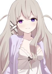 Rule 34 | 1girl, absurdres, ahoge, azur lane, bare shoulders, blonde hair, blush, bow, braid, breasts, cleavage, closed mouth, collarbone, dress, frills, grey hair, hair between eyes, hair ornament, hair ribbon, hand up, head tilt, highres, jacket, large breasts, long hair, long sleeves, looking at viewer, medium breasts, murmansk (azur lane), off shoulder, open clothes, parted lips, purple eyes, ribbon, shirt, sidelocks, simple background, sleeves past wrists, small breasts, smile, solo, tang3529123960, underwear, upper body, very long hair, white background, white dress, white hair, white shirt