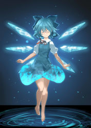 Rule 34 | 1girl, bare legs, barefoot, blue bow, blue dress, blue hair, blush, bow, cirno, closed eyes, closed mouth, collared shirt, dress, floating, full body, glowing, hair between eyes, hair bow, highres, i-la, ice, ice wings, landing, light particles, neck ribbon, puffy short sleeves, puffy sleeves, red ribbon, ribbon, ripples, shirt, short hair, short sleeves, sketch, smile, solo, touhou, water, white shirt, wings