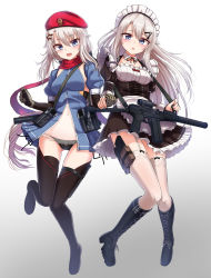 Rule 34 | 2girls, 9a-91, 9a-91 (bullets cafe) (girls&#039; frontline), 9a-91 (girls&#039; frontline), apron, beret, black dress, black footwear, black panties, blue dress, blue eyes, boots, breasts, commentary request, cross-laced footwear, detached collar, detached sleeves, dress, dual persona, frilled dress, frills, garter straps, girls&#039; frontline, gluteal fold, gradient background, hair ornament, hat, highres, holding hands, juliet sleeves, knee boots, lace-up boots, long hair, long sleeves, looking at viewer, low ponytail, magazine (weapon), maid, maid apron, maid headdress, medium breasts, multiple girls, navel, open mouth, panties, pouch, puffy sleeves, red headwear, scarf, scope, see-through, side-by-side, silver hair, star (symbol), stomach, strap, thigh boots, thighhighs, underwear, very long hair, waist apron, white background, white legwear, yakob labo, zettai ryouiki