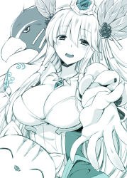 Rule 34 | 1girl, aqua theme, bird, blush, breasts, cat, cleavage, foreshortening, freyja (p&amp;d), gem, hair ornament, hairband, jewelry, large breasts, leaf, lots of jewelry, monochrome, mushi024, necklace, outstretched hand, puzzle &amp; dragons, smile, solo