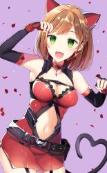 Rule 34 | 1girl, animal ears, arm at side, arm up, bad id, bad pixiv id, bare shoulders, belt, blush, braid, breasts, brown hair, cat ears, cat tail, choker, cleavage, clothing cutout, cowboy shot, dress, dutch angle, earrings, elbow gloves, fingerless gloves, french braid, garter straps, gloves, green eyes, idolmaster, idolmaster cinderella girls, idolmaster cinderella girls starlight stage, jewelry, looking at viewer, maekawa miku, medium breasts, navel, navel cutout, open mouth, partially unzipped, petals, pinb, purple background, red dress, short hair, side braid, simple background, smile, solo, standing, tail, zipper skirt