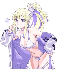 Rule 34 | 1girl, bad id, bad pixiv id, blonde hair, blunt bangs, borrowed character, breasts, choker, cleavage, commentary request, earrings, eyeliner, hand on own hip, highres, jacket, jewelry, looking at viewer, makeup, michihasu, nail polish, navel, original, ponytail, purple eyes, purple hair, purple nails, simple background, solo, thighhighs, v, white background