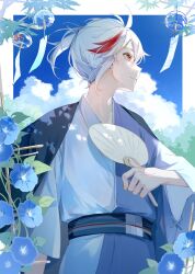 Rule 34 | 1boy, antenna hair, black jacket, blue flower, blue kimono, blue sash, blue sky, border, branch, closed mouth, cloud, commentary request, day, flower, genshin impact, hair between eyes, hand fan, hand up, haori, haru same322, high ponytail, highres, holding, holding fan, jacket, jacket on shoulders, japanese clothes, kaedehara kazuha, kimono, long sleeves, looking to the side, male focus, morning glory, multicolored hair, obi, outside border, paper fan, plant, ponytail, profile, red eyes, red hair, sash, sidelocks, sky, smile, solo, streaked hair, uchiwa, vines, white border, white hair, wide sleeves, wind chime