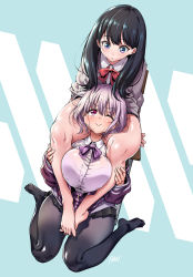 Rule 34 | 10s, 2girls, ;), barefoot, between legs, between thighs, black hair, black pantyhose, black skirt, blue eyes, blush, breasts, breasts squeezed together, bursting breasts, cardigan, chair, collared shirt, f.w.zholic, feet, gridman universe, highres, hood, hoodie, knees, large breasts, leg lock, legs, long sleeves, looking at another, multiple girls, one eye closed, open clothes, pantyhose, pleated skirt, purple eyes, purple hair, red neckwear, school uniform, see-through, shinjou akane, shirt, sitting, sitting on person, skirt, smile, ssss.gridman, takarada rikka, thick thighs, thighs