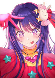 Rule 34 | 1girl, absurdres, blush, brooch, closed mouth, commentary, dress, frilled dress, frills, gloves, hair between eyes, hair ornament, hair ribbon, heart, heart brooch, highres, hoshino ai (oshi no ko), idol, idol clothes, jewelry, long hair, looking at viewer, multicolored eyes, nuy (arty nuy), one side up, oshi no ko, pink dress, pink eyes, pink gloves, pink ribbon, purple eyes, purple hair, rabbit hair ornament, ribbon, sidelocks, simple background, solo, sparkle, star-shaped pupils, star (symbol), star hair ornament, symbol-shaped pupils, tongue, tongue out, turtleneck, turtleneck dress, upper body, v, white background