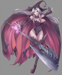 Rule 34 | 1girl, axe, black thighhighs, breasts, cape, cleavage, detached sleeves, dtcy, groin, hat, hip focus, large breasts, leotard, magic, open mouth, original, outstretched arms, pale skin, silver hair, simple background, solo, spread arms, staff, standing, standing on one leg, thighhighs, weapon, witch, witch hat, yellow eyes
