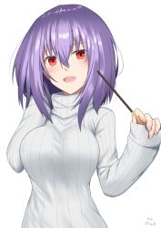 Rule 34 | 1girl, :d, alternate costume, breasts, casual, food, gnlo, hair between eyes, hand in own hair, highres, holding, holding food, holding pocky, large breasts, long sleeves, looking at viewer, nagae iku, no headwear, open mouth, pocky, purple hair, red eyes, ribbed sweater, short hair, simple background, sleeves past wrists, smile, solo, sweater, touhou, turtleneck, turtleneck sweater, upper body, white background, white sweater