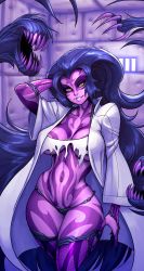 Rule 34 | 1girl, absurdres, blackmyst, breasts, cleavage, colored skin, curvy, full-body tattoo, groin, highres, lab coat, large breasts, lips, living hair, midriff, monster girl, navel, original, purple skin, revealing clothes, smile, tattoo, thighhighs, thighs, underboob, waifu2x, wide hips, yellow eyes
