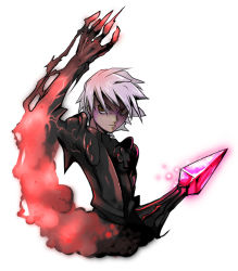 Rule 34 | 1boy, 4hands, brown eyes, claws, expressionless, fire, fire, glowing, grey hair, looking at viewer, male focus, odin sphere, oswald, shaded face, shadow knight, solo, spikes, upper body, white background