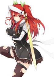 Rule 34 | 10s, 1girl, breasts, highres, long hair, rakudai kishi no cavalry, red eyes, red hair, school uniform, skirt, solo, stella vermillion, sword, thighhighs, torn clothes, twintails, weapon