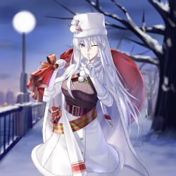 Rule 34 | 1girl, absurdres, azur lane, bag, belt, black sweater, cape, commentary, cowboy shot, earmuffs, english commentary, enterprise (azur lane), enterprise (reindeer master) (azur lane), fur-trimmed cape, fur-trimmed gloves, fur-trimmed headwear, fur-trimmed skirt, fur trim, gloves, hair between eyes, hat, highres, holding, holding bag, index finger raised, long hair, looking at viewer, new year, official alternate costume, one eye closed, outdoors, purple eyes, ribbed sweater, skirt, smile, snow, snowman hat ornament, solo, standing, stuffed animal, stuffed reindeer, stuffed toy, suprii, sweater, tree, white cape, white gloves, white hair, white hat, white skirt