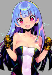 Rule 34 | 1girl, :d, bare shoulders, blue hair, blush, bodysuit, breasts, cleavage, clenched hands, gloves, grey background, kula diamond, large breasts, long hair, looking at viewer, multicolored bodysuit, multicolored clothes, onono imoko, open mouth, red eyes, simple background, smile, solo, strapless, the king of fighters, tube top, upper body, zipper