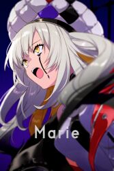 Rule 34 | 1girl, bare shoulders, black tears, breasts, character name, dress, echo (circa), fate/grand order, fate (series), gradient hair, grey hair, hat, jacket, long hair, long sleeves, marie antoinette (alter) (fate), marie antoinette (alter) (first ascension) (fate), marie antoinette (fate), medium breasts, multicolored hair, off shoulder, open clothes, open jacket, open mouth, sidelocks, solo, two side up, white dress, white hair, white hat, white jacket, yellow eyes