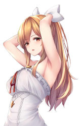 Rule 34 | 1girl, armpits, bare arms, bare shoulders, bow, breasts, brown hair, commentary request, dress, frilled dress, frills, granblue fantasy, hair between eyes, hair bow, highres, large breasts, long hair, parted lips, ponytail, red eyes, red ribbon, ribbon, sidelocks, simple background, sleeveless, sleeveless dress, solo, upper body, vira (granblue fantasy), white background, white bow, white dress, ym (distance819)