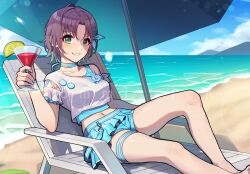 Rule 34 | 1girl, ahoge, aqua skirt, asakura toru, beach, beach chair, blush, breasts, cocktail glass, cropped shirt, cup, drinking glass, food, fruit, holding, holding cup, idolmaster, idolmaster shiny colors, kamille (vcx68), knee up, lemon, lemon slice, looking at viewer, medium breasts, on chair, outdoors, parasol, pleated skirt, sitting, skirt, smile, solo, thigh strap, umbrella