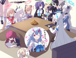 Rule 34 | 1boy, 6+girls, ^^^, animal ear headphones, animal ears, black hair, black horns, blonde hair, blue archive, blue hair, blue halo, blush stickers, book, breasts, chise (blue archive), closed eyes, closed mouth, demon horns, double bun, fake animal ears, flat chest, food, fruit, green eyes, green halo, grey eyes, grey hair, grey halo, hair bun, halo, hanako (blue archive), handheld game console, headphones, heart, highres, hina (blue archive), holding, holding handheld game console, horns, iroha (blue archive), kaho (blue archive), kisaki (blue archive), kotatsu, large breasts, long hair, mandarin orange, mechanical halo, medium breasts, midori (blue archive), mimori (blue archive), miyako (blue archive), momoi (blue archive), multiple girls, noa (blue archive), one eye closed, one side up, oni horns, open book, open mouth, pink hair, pink halo, playing games, purple eyes, purple hair, purple halo, rabbit ears, red eyes, red hair, red horns, sensei (blue archive), shiroko (blue archive), short hair, small breasts, smile, table, television, tonomiya68, twintails, two side up, yuuka (blue archive)