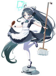Rule 34 | 1girl, absurdres, apron, aqua ribbon, aris (blue archive), aris (maid) (blue archive), black dress, black footwear, black hair, black wristband, blue archive, blue eyes, blush, bright pupils, closed mouth, collared dress, commentary request, dress, full body, green halo, halo, highres, holding, holding mop, loafers, long hair, looking at viewer, maid apron, maid headdress, mop, neck ribbon, official alternate costume, outstretched arms, pantyhose, ponytail, puffy short sleeves, puffy sleeves, ribbon, shoes, short sleeves, simple background, skirt hold, smile, solo, standing, standing on one leg, su2ro, very long hair, white apron, white background, white pantyhose, white pupils