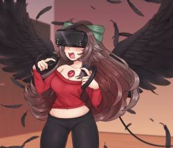 Rule 34 | 1girl, alternate costume, bird wings, black feathers, black pants, black wings, bow, breasts, brown hair, cleavage, commission, controller, cowboy shot, feathers, game controller, green bow, hair bow, head-mounted display, highres, holding, holding controller, holding game controller, indoors, long hair, long sleeves, navel, off-shoulder shirt, off shoulder, open mouth, pants, pushpup, red shirt, reiuji utsuho, shirt, solo, standing, third eye, touhou, valve index, wavy mouth, wings