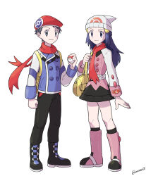 Rule 34 | 1boy, 1girl, alternate costume, bad id, bad pixiv id, bag, beanie, belt, black footwear, black legwear, black pants, boots, buttons, clenched hand, closed mouth, commentary request, creatures (company), dawn (pokemon), dress, eyelashes, game freak, grey eyes, hair ornament, hairclip, handbag, hat, highres, holding, holding poke ball, hungry seishin, jacket, long hair, long sleeves, lucas (pokemon), nintendo, pants, pink footwear, poke ball, pokemon, pokemon dppt, red headwear, red scarf, scarf, smile, socks, standing, white headwear, yellow bag