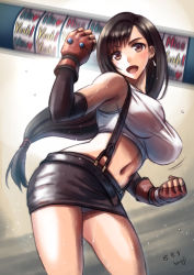 Rule 34 | 1990s (style), 1girl, artist name, black hair, breasts, brown eyes, covered erect nipples, dated, female focus, final fantasy, final fantasy vii, fingerless gloves, gloves, highres, honoji, large breasts, long hair, low-tied long hair, midriff, navel, panties, pantyshot, red gloves, retro artstyle, shirt, skirt, solo, standing, suspender skirt, suspenders, sweat, taut clothes, taut shirt, tifa lockhart, underwear