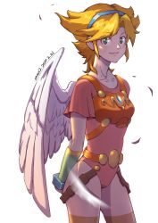 Rule 34 | 1girl, absurdres, angel wings, armor, blonde hair, breath of fire, breath of fire i, capcom, closed mouth, dated, elbow gloves, gloves, green eyes, hairband, highres, leotard, looking at viewer, nina (breath of fire i), red leotard, short hair, simple background, smile, snow12, solo, thighhighs, white background, white wings, wings