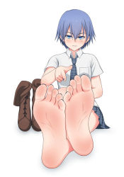 Rule 34 | 1girl, akuma no riddle, azuma tokaku, barefoot, blue eyes, blue hair, boots, feet, female focus, foot focus, looking at viewer, lululewd, necktie, shoes, unworn shoes, short hair, simple background, sitting, skirt, soles, solo, toes, white background