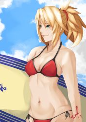 Rule 34 | anime coloring, azmoreuz, beach, bikini, blonde hair, cloud, cloudy sky, fate/apocrypha, fate/grand order, fate (series), green eyes, highres, mordred (fate), mordred (fate) (all), mordred (fate/apocrypha), mordred (mythology), mordred (swimsuit rider) (fate), mordred (swimsuit rider) (first ascension) (fate), ocean, outdoors, self-upload, sky, solo, surfboard, surfing, swimsuit