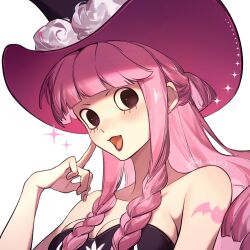 Rule 34 | 1girl, bare shoulders, bat tattoo, black dress, black hat, braided sidelock, breasts, cleavage, dated, dress, flower, hat, hat flower, highres, long hair, long sidelocks, looking at viewer, medium breasts, one piece, open mouth, perona, pink hair, pink hat, pink tattoo, shoulder tattoo, simple background, sleeveless, sleeveless dress, solo, sparkle, strapless, strapless dress, tattoo, two-tone hat, white background, white flower, xuchuan