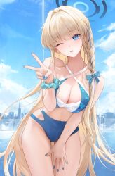 Rule 34 | 1girl, absurdres, bikini, blonde hair, blue archive, blue bikini, blue eyes, blue nails, blue sky, braid, breasts, city, cleavage, cloud, commentary, cowboy shot, day, dora (garyeong), halo, highres, large breasts, leaning forward, long hair, looking at viewer, medium breasts, multi-strapped bikini bottom, multicolored hair, nail polish, navel, one eye closed, outdoors, parted lips, scrunchie, sky, skyline, solo, standing, streaked hair, swimsuit, thighs, toki (blue archive), v, very long hair, wrist scrunchie