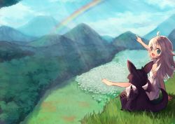 Rule 34 | 1girl, :d, ahoge, barefoot, blue eyes, blue sky, child, cliff, cloud, day, dragon, dress, fang, fantasy, flower bed, forest, grass, hair between eyes, hair flaps, landscape, long hair, meadow, mountain, nature, open mouth, original, outdoors, outstretched arm, outstretched leg, pointing, pointing forward, pointing up, rainbow, scenery, shugao, silver hair, sitting, sky, sleeveless, sleeveless dress, smile, solo, sunlight, tareme, white dress