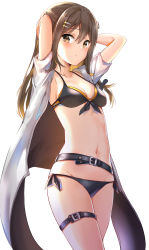 Rule 34 | 1girl, absurdres, armpits, arms up, belt, belt buckle, bikini, black bikini, blush, breasts, brown eyes, brown hair, buckle, cleavage, coat, collarbone, commentary, cowboy shot, front-tie bikini top, front-tie top, girls&#039; frontline, groin, hair between eyes, hair ornament, hairclip, half updo, hands in hair, highres, k2 (girls&#039; frontline), leg belt, long hair, looking at viewer, navel, open clothes, open coat, short sleeves, side-tie bikini bottom, sidelocks, simple background, small breasts, solo, stomach, sunhyun, swimsuit, white background, white coat