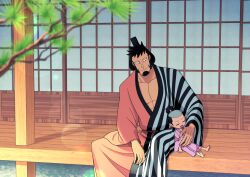 Rule 34 | 2boys, black eyes, black hair, closed eyes, closed mouth, commentary request, facial hair, full body, goatee, hasami (hasami25), high ponytail, japanese clothes, kimono, kinemon, kouzuki momonosuke, long sideburns, male focus, multiple boys, one piece, open mouth, outdoors, ponytail, short hair, sideburns, sitting, sleeping, smile, topknot