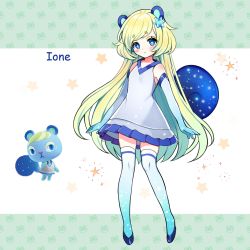 Rule 34 | 1girl, animal crossing, animal ears, arms at sides, bare shoulders, blonde hair, blue eyes, blue footwear, blue skirt, blush, breasts, character name, elbow gloves, full body, gloves, green background, hair ornament, highres, ione (animal crossing), jirafuru, letterboxed, long hair, looking at viewer, nintendo, personification, pleated skirt, shirt, skirt, sleeveless, sleeveless shirt, small breasts, sparkle, squirrel ears, squirrel girl, squirrel tail, star (symbol), swept bangs, tail, thighhighs, variations, white gloves, white shirt, white thighhighs