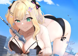 Rule 34 | 1girl, aircraft, airplane, all fours, ass, between breasts, bikini, black bikini, black bow, blonde hair, blue sky, blush, bow, breasts, breasts squeezed together, building, city, cleavage, destruction, fighter jet, giant, giantess, green eyes, hair bow, hair intakes, hair ornament, hairclip, heart, heart hair ornament, inaba oden, jet, kurumi noah, large breasts, military, military vehicle, multicolored hair, o-ring, o-ring bikini, o-ring top, short hair, side-tie bikini bottom, sidelocks, simulated paizuri, sky, smile, smirk, swept bangs, swimsuit, top-down bottom-up, tower, two side up, virtual youtuber, vspo!
