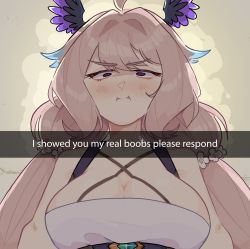 Rule 34 | 1girl, absurdres, alternate breast size, angry, blonde hair, blue hair, blush, breasts, cleavage, collarbone, colored tips, dress, english text, enna alouette, fake phone screenshot, fake screenshot, head wings, highres, i showed you my dick please respond (meme), large breasts, long hair, low twintails, meme, multicolored hair, nijisanji, nijisanji en, portrait, pout, snapchat, solo, twintails, unfamousradish, v-shaped eyebrows, virtual youtuber, white dress, wings