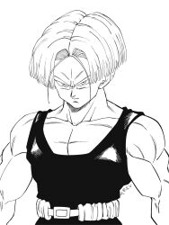Rule 34 | 1boy, absurdres, biceps, dragon ball, dragonball z, highres, iamthetrev, looking at viewer, manga style, monochrome, muscular, muscular male, pectoral cleavage, pectorals, serious, solo, tagme, tank top, trunks (dragon ball), trunks (future) (dragon ball)
