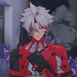 Rule 34 | 1boy, earrings, game console, jewelry, male focus, official art, red shirt, scar, scar (wuthering waves), scar on face, shirt, white hair, wuthering waves