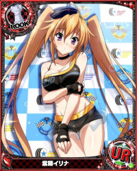 Rule 34 | 1girl, bare shoulders, blush, breasts, card (medium), character name, chess piece, cleavage, high school dxd, large breasts, long hair, looking at viewer, official art, orange hair, purple eyes, race queen, rook (chess), shidou irina, solo, trading card, twintails, very long hair