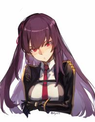 Rule 34 | 1girl, black gloves, blazer, blunt bangs, blush, breasts, brown hair, buckle, closed mouth, collared shirt, crossed arms, framed breasts, girls&#039; frontline, gloves, hair ribbon, half updo, head tilt, jacket, long hair, long sleeves, looking at viewer, medium breasts, necktie, olys, one side up, purple hair, red eyes, red necktie, red ribbon, ribbon, shirt, side ponytail, sidelocks, simple background, solo, standing, strap, tsundere, tsurime, twitter username, upper body, very long hair, wa2000 (girls&#039; frontline), white background, white shirt